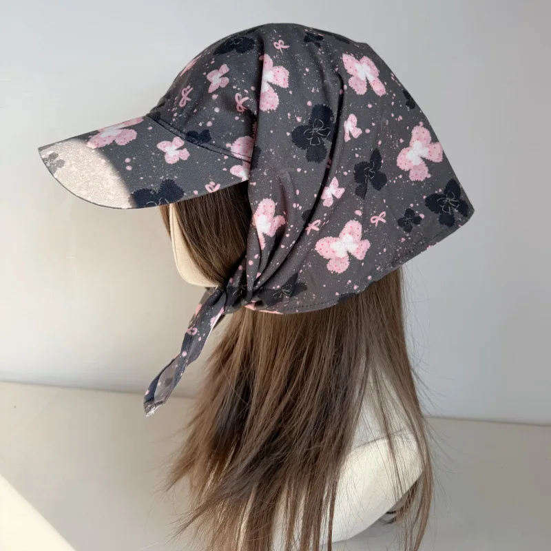 Floral Print 2-in-1 Baseball Cap with Scarf for Women Y2K Aesthetic Streetwear Headwear Adjustable Tie Back Sun Hat