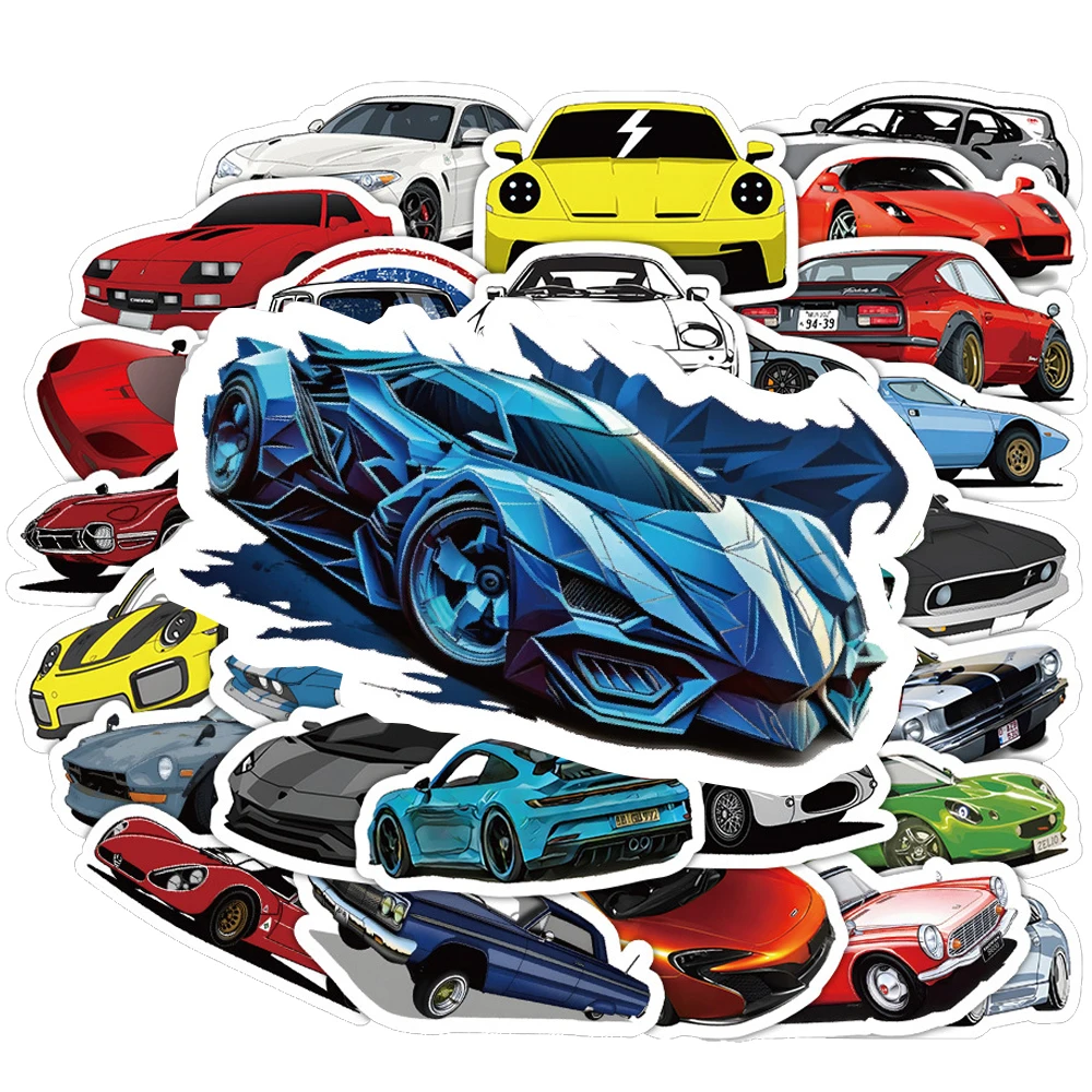 

10/30/60pcs Cartoon Racing Car Supercar Cool Stickers for Kid Toy Decals DIY Skateboard Phone Laptop Bike PVC Waterproof Sticker