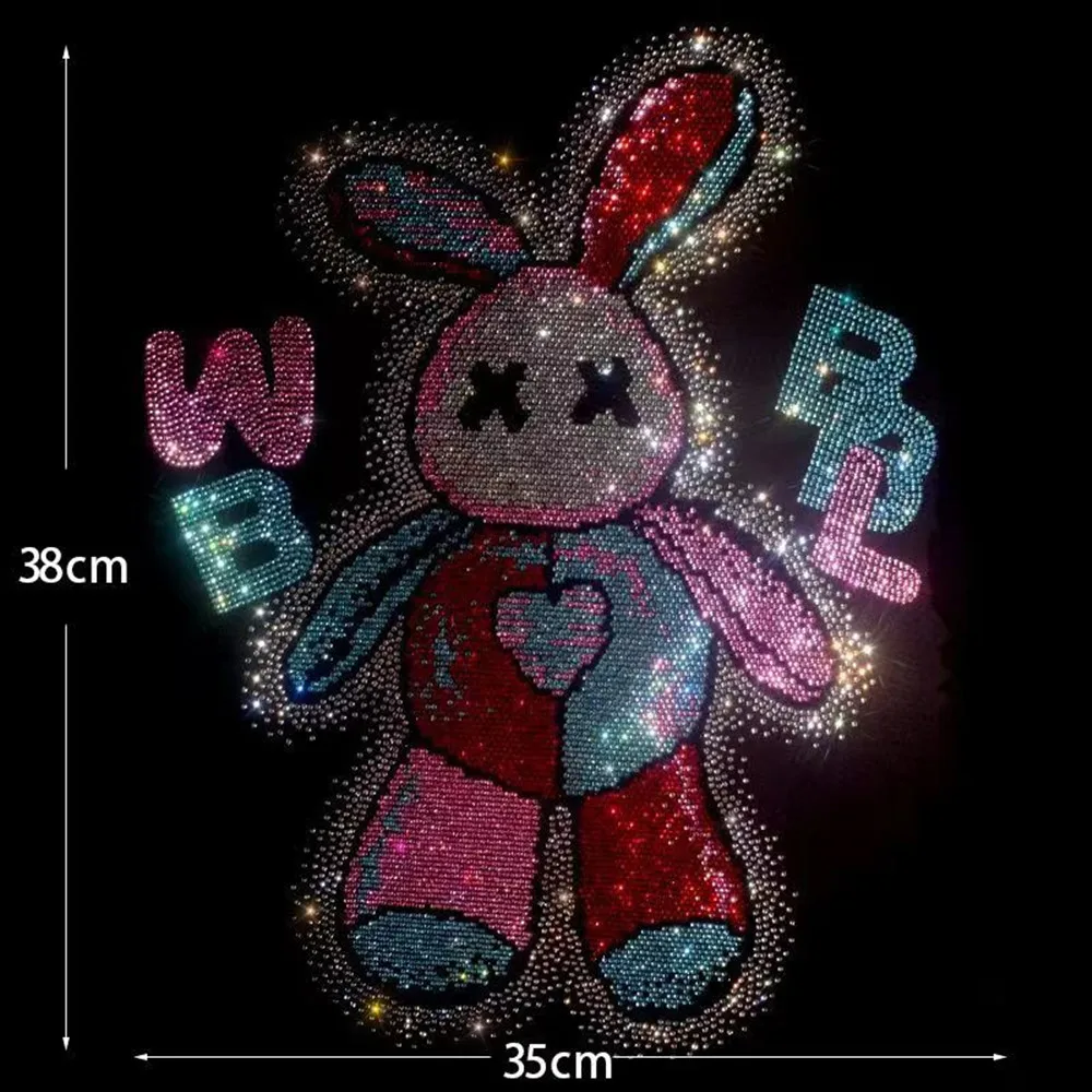 

Iron on Rhinestone Patches for Clothing Colorful cute rabbit large fashionable DIY patch clothing decoration accessories