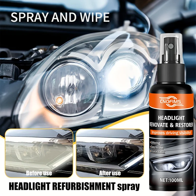 Car headlight repair fluid and spray - quickly repairs yellowing, oxidation, blurring, and scratches, restores transparency and