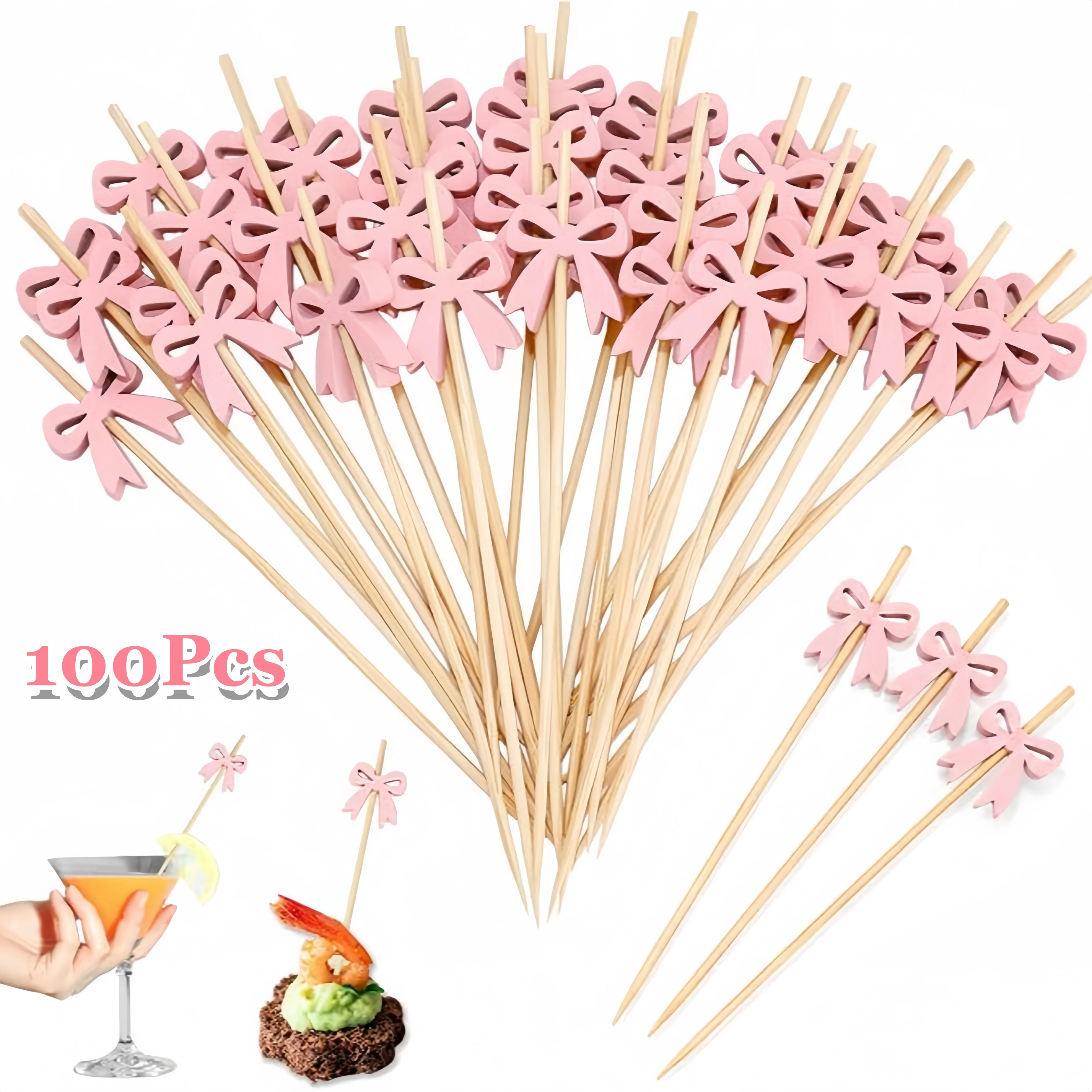 100Pcs Bow Toothpicks for Appetizers, 4.7 Inch Natural Bamboo Cocktail Picks for Cake Dessert Food Fruit Party