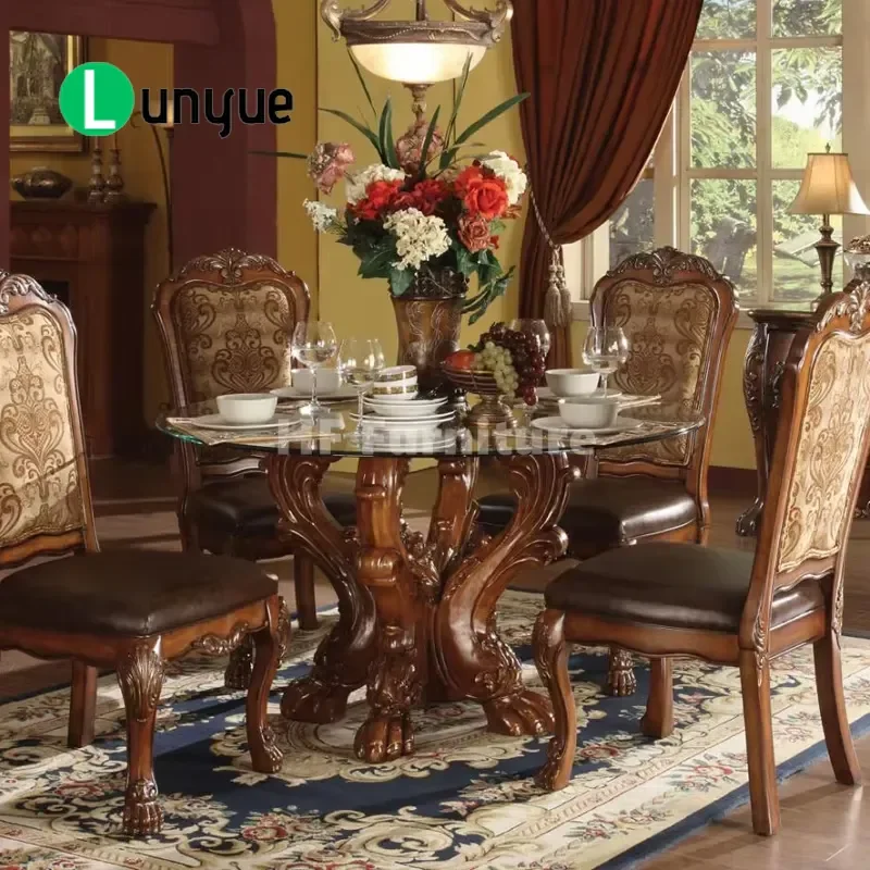 American Style Carved Wood Dining Table Set with Glass Top Antique Small Round Kitchen Furniture for Apartment Compact Space