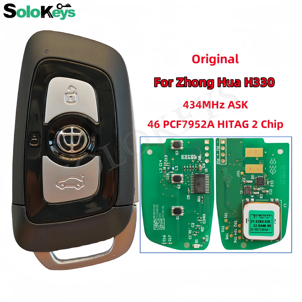 SOLOKEYS CNSZKEY For Zhong Hua H330 Car Smart Remote Control Key 3 Buttons 434MHz 46 PCF7952A HITAG2 Chip Wtih LOGO