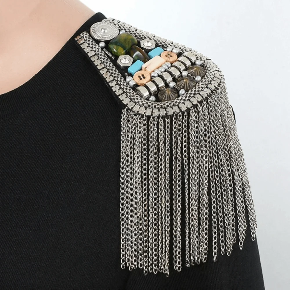 Exquisite Epaulet Tassel Chain Shoulder Board Brooch Punk Fringe Shoulder Mark Badge Cool Beads Epaulette Unisex