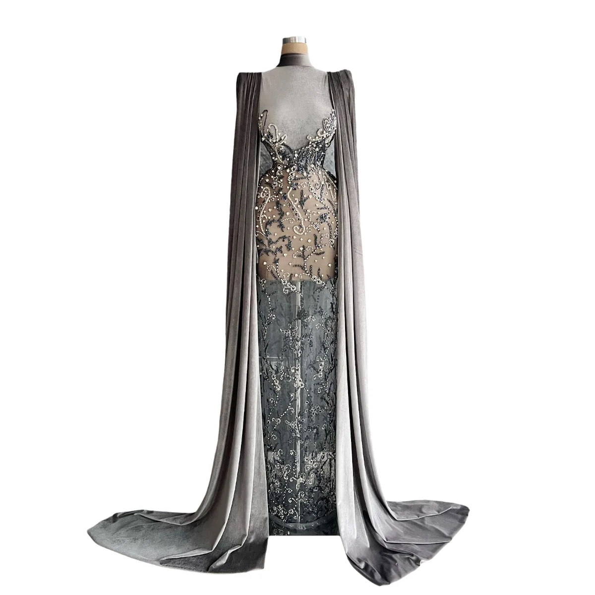 New 2025 Evening Dress Velvet Patchwork Lace Embroidery Dress with Shoulder Train and High Neckline Party Banquet Dress