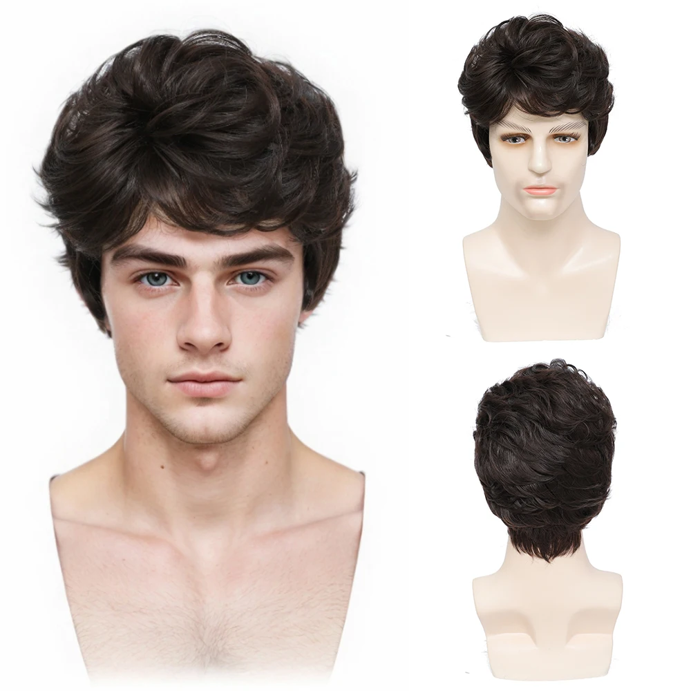 

Synthetic Short Mens Wig with Side Bangs Brown Wig Male Pixie Cut Hair Daily Wig Cosplay Soft Heat Resistant Fiber