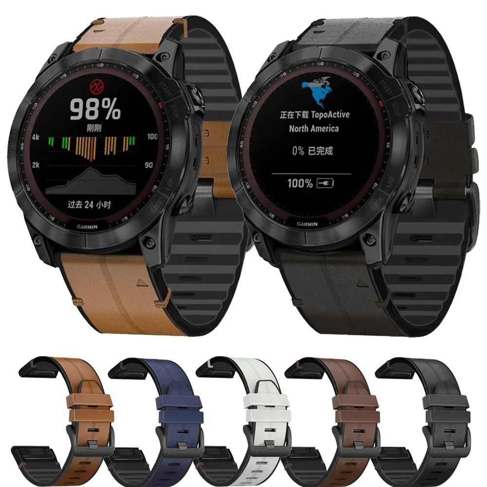 For Garmin Fenix 7 7x 6 6x Pro Sapphire GPS 5 5x Plus Strap Quick Release Genuine Leather Silicone Watch Band Watchband Bracelet
