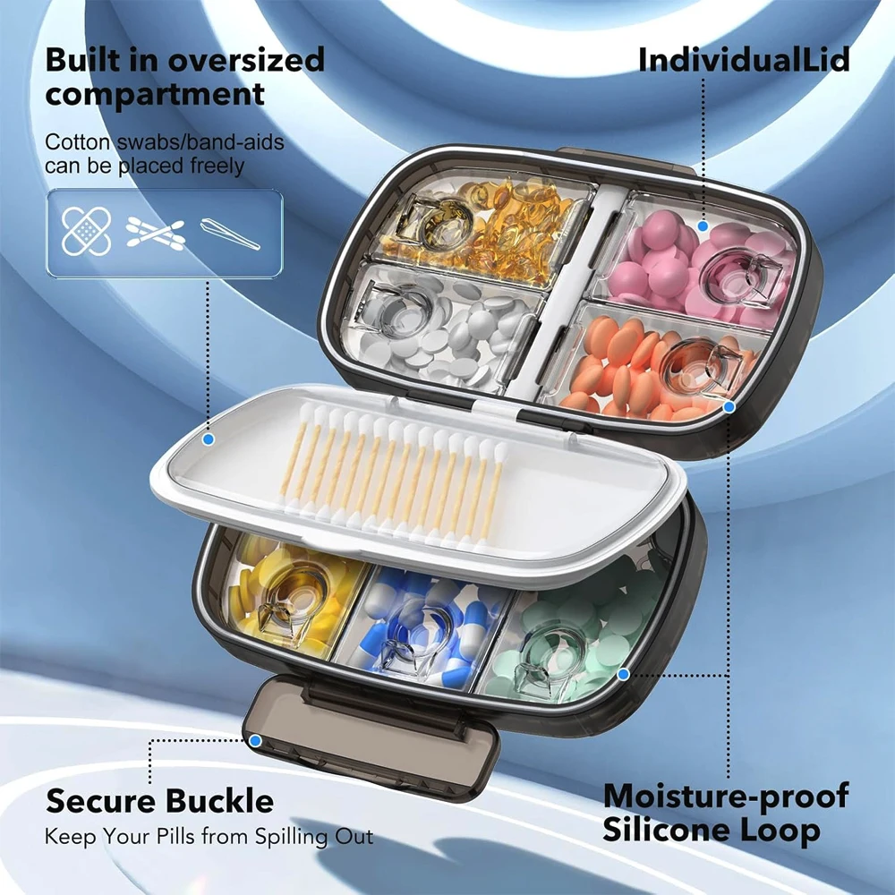 1pcs  Travel Pill Organizer Large Portable Medication Oversize 8 Compartment Pill Box,Vitamin Travel Case Pill Holder