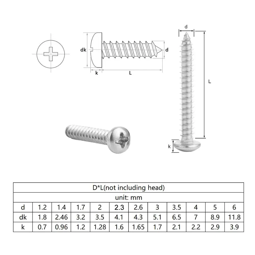 10 Pcs/Lot Cross Recessed Round Head Tapping Screw M3 M3.5 M4 M5 M6 M8 Stainless Steel