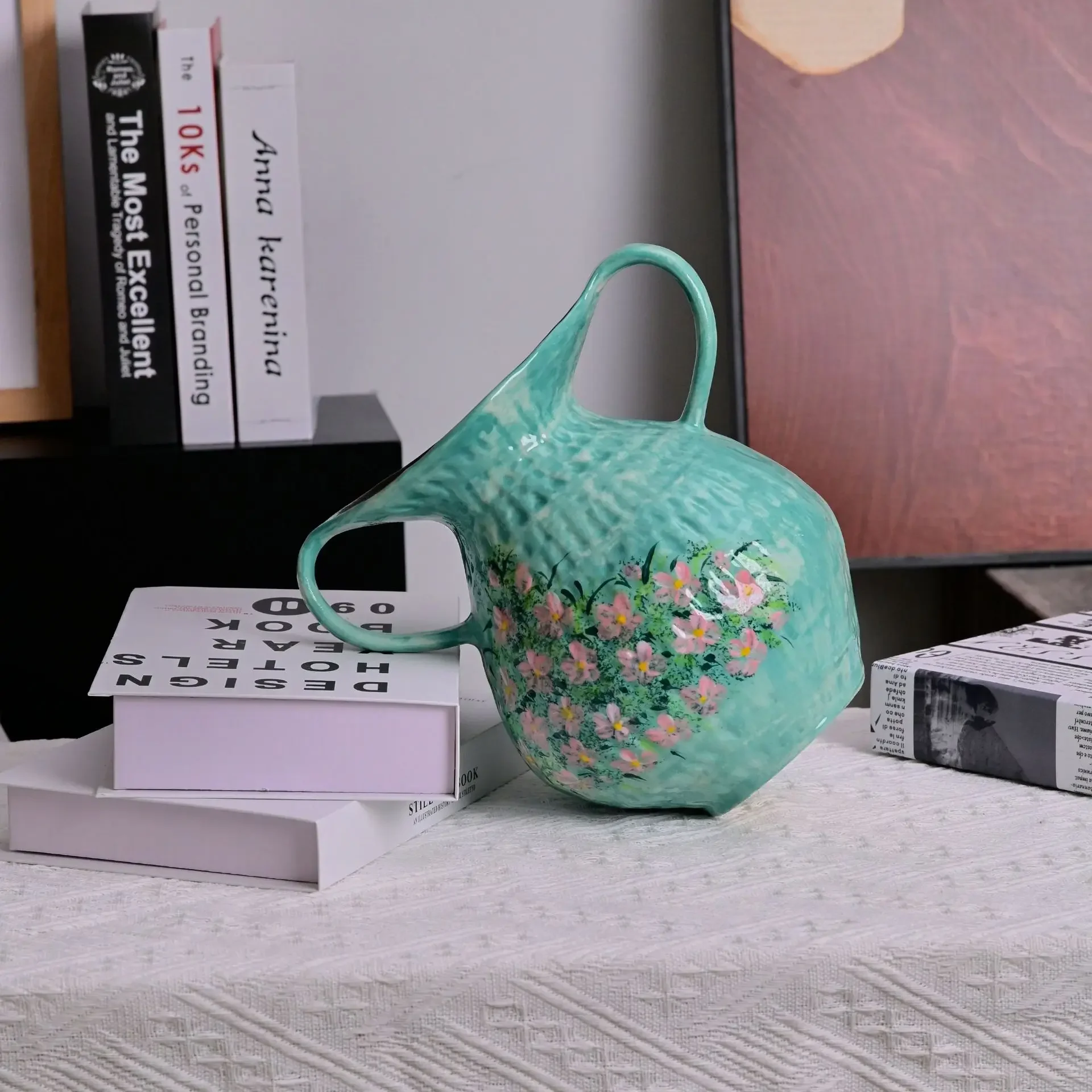 DSA binaural ceramic vase hand-painted flower green flower arrangement home living room flower entrance decorative ornament