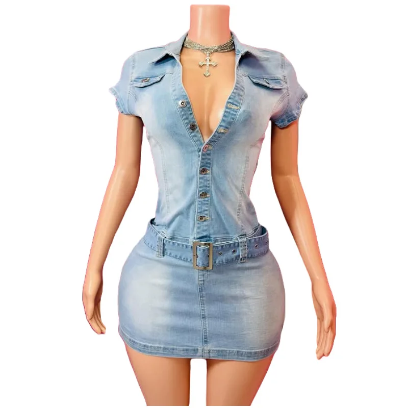 

European American New Fashionable Slim-fitting Short-sleeved Denim Dress, Spring Summer Women's Comfortable Stretch Short Dress