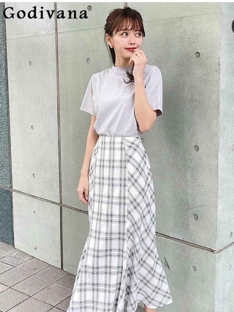 

Office Lady Simple Classic Plaid Skirt Women Autumn High Waist Slim-Fit Elegant Fishtail Skirt Female Casual Fashion Long Skirts