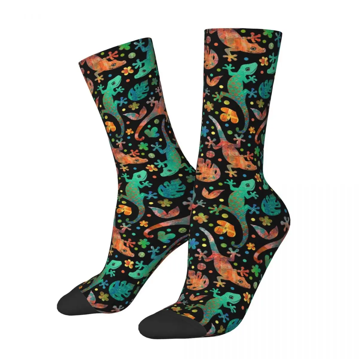 

Colorful Lollygagger Lizards On Black Socks Harajuku Sweat Absorbing Stockings All Season Long Socks Accessories Unisex Gifts