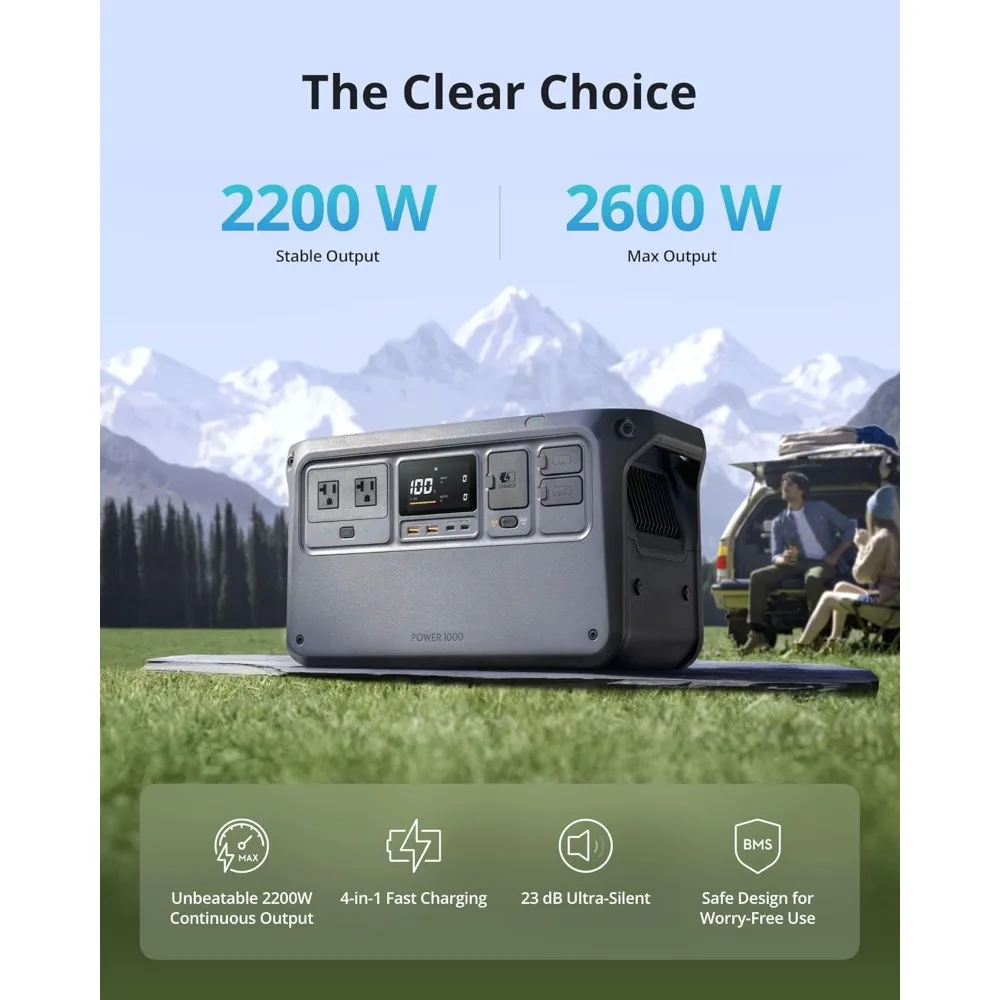 1000 Portable Power Station, 1024Wh LiFePO4 Battery,2200W Solar Generator, Home Backup, 4-in-1 Fast Charging, 23db Ultra-Silent