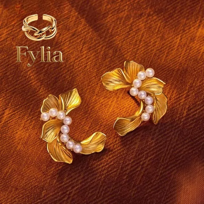 Fylia Jewelry   Elegant 24K inlaid bead earrings for women, fashionable temperament earrings 9999 earrings, same style as Xiaoho