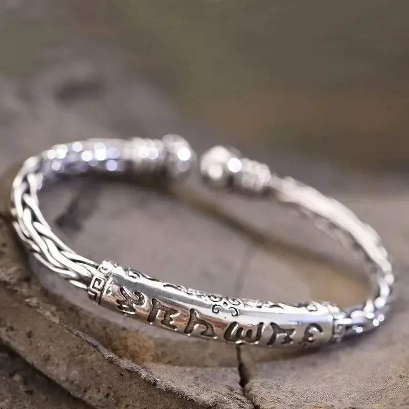 Retro Pattern Sanskrit Opening Bracelet Buddhist Six-Character Mantra Twist Cuff Bangles Men and Women Fashion Jewelry Gift