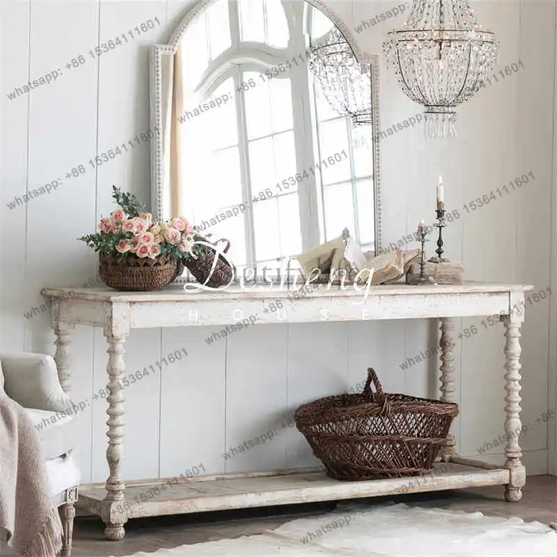 French retro old solid wood porch entrance hall decoration table Roman column table