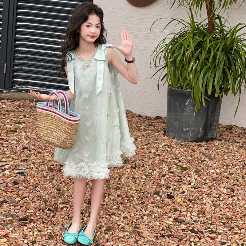 

2026 Summer Girls' Embroidered Butterfly Dress Children's Castle Party Dance Skirt Sleeveless Strap Princess Dress