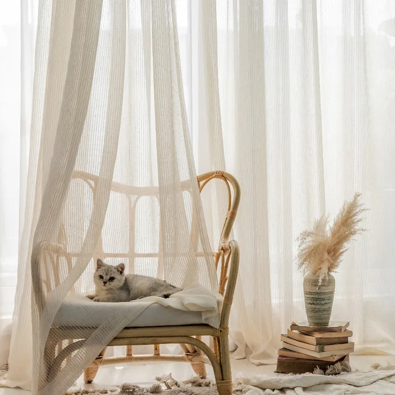 

Modern Simple Beige Curtain Semi-light-blocking Thin Soft Screens Vertical Texture Light Luxury Home Decoration Curtains カーテン 커튼