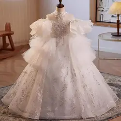 High-End Luxury Girls Elegant Princess Dress Beads Sequins Design Kids Perform Wedding Birthdays Party Evening Gown A3477