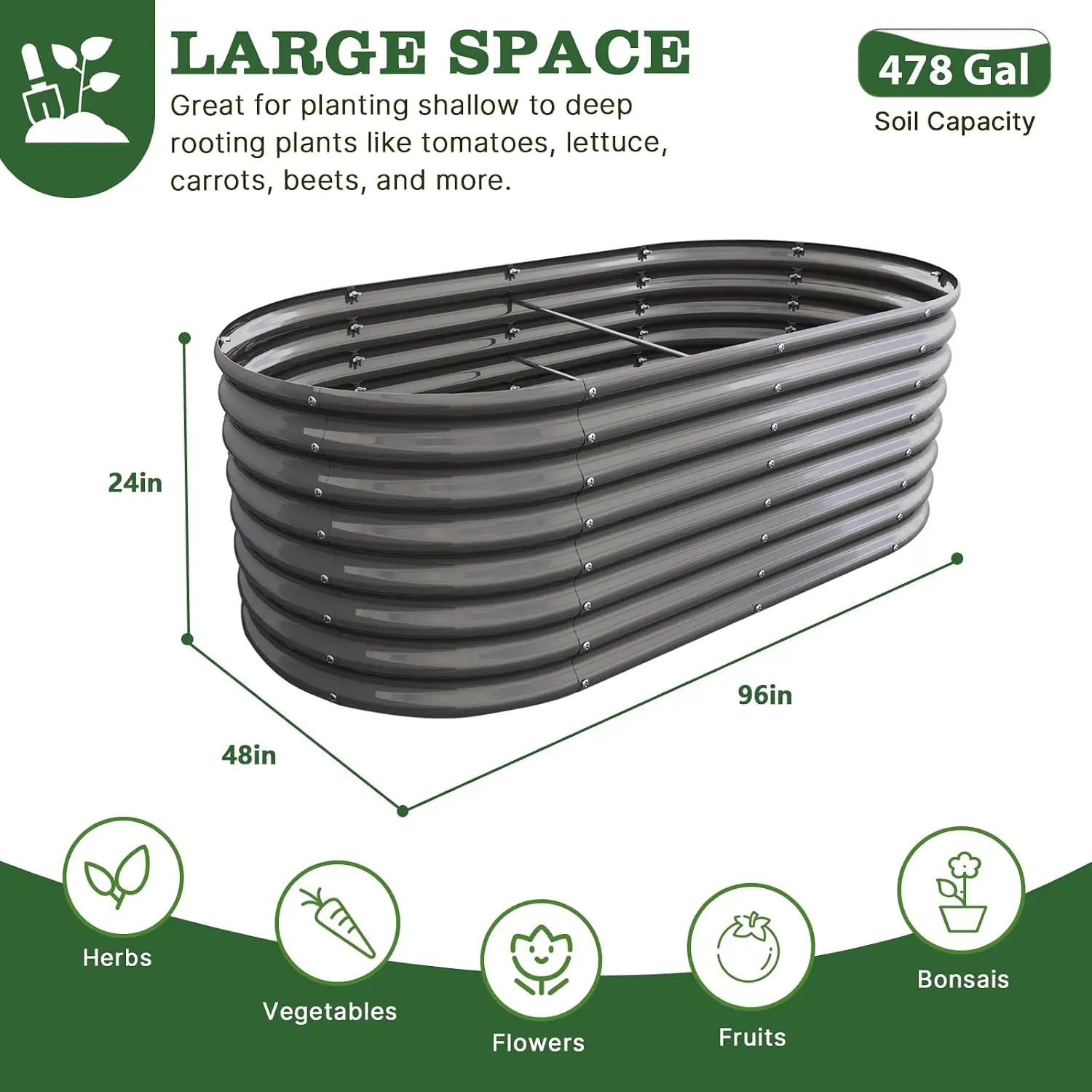 Anleolife 8x4x2ft Oval Deep Root Galvanized Raised Garden Bed, Quartz Grey