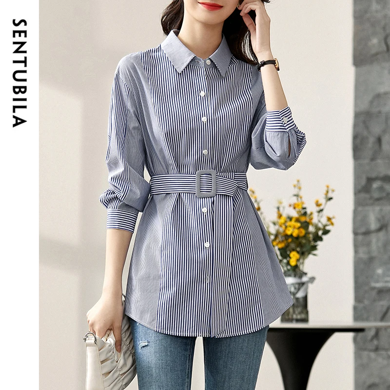 

SENTUBILA 100% Cotton Striped Shirt Women Commute Casual Blouse Single Breasted Mid-length Shirt 2024 Fall Clothes 141C55127C