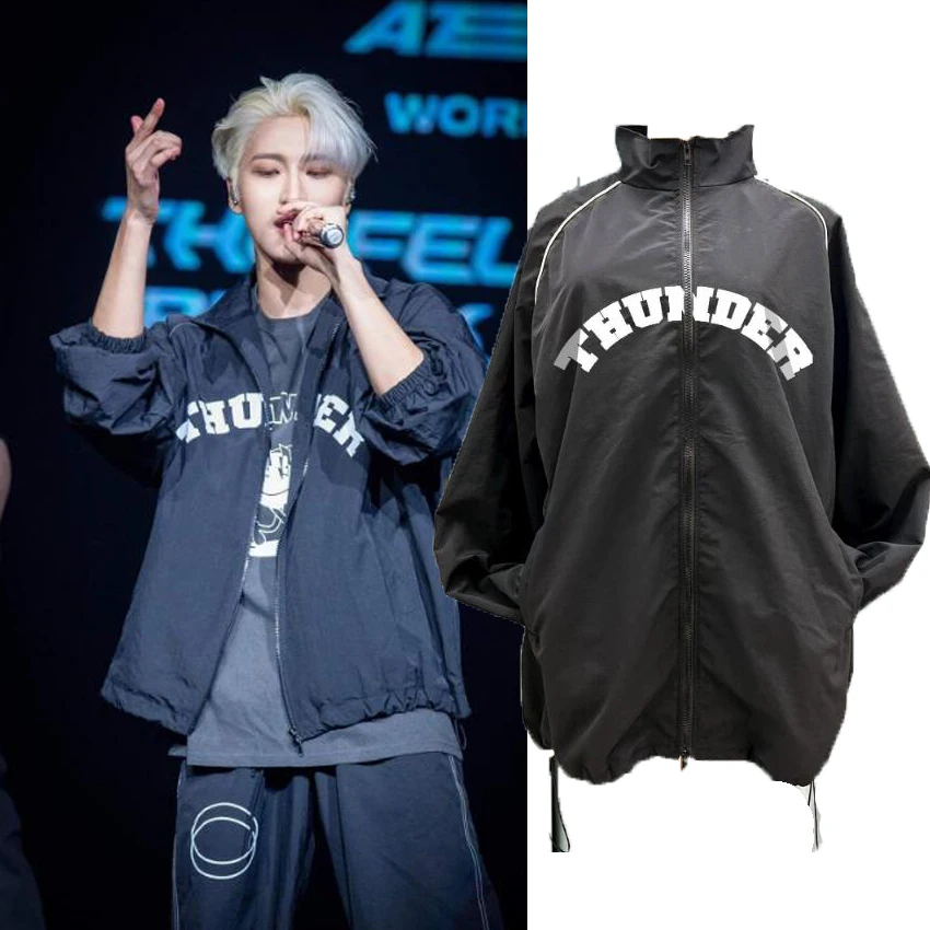 KPOP ATEEZ Thunder Print Men's Jackets Harajuku Cardigan Stand Collar Zipper Baseball Jacket Outerwear Casual Sportswear