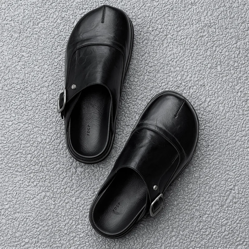 2025 ผู้ชายและผู้หญิงหนังสวมใส่ด้านนอกคู่สบายๆหนาSoled Big Headกระเป๋าครึ่งรองเท้าแตะคู่รองเท้าแตะ