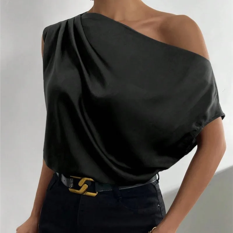 Elegant Off Shoulder Green Shirt 2024 Women\'s Summer New Fashion Versatile Oblique Collar Pinched Pleated Asymmetric Tank Top