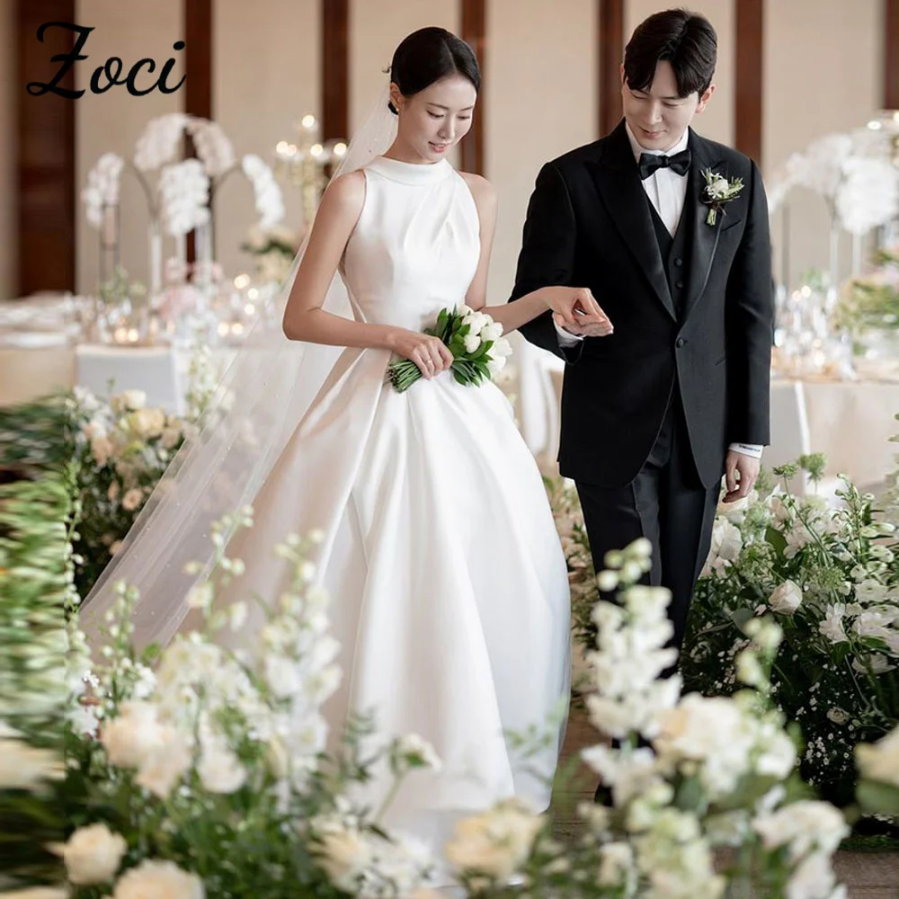 

Zoci Vintage O Neck Korea Wedding Dresses Ball Gown Draped Customized Photos Shoot Dress Long Train Floor Length Bridal Dress