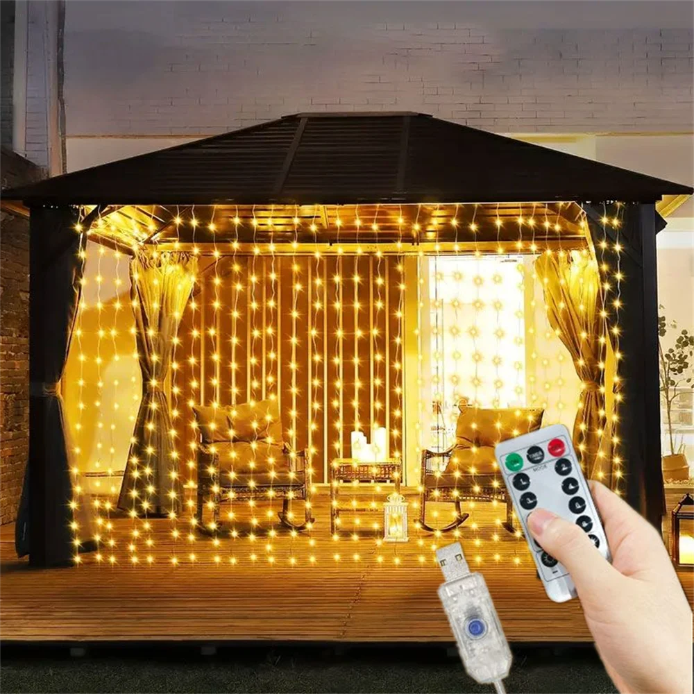 3M 6M USB Curtain String Light Home Decor Fairy Light 8 โหมด LED คริสต์มาสวันหยุด Garland งานแต่งงานวันเกิดตกแต่ง