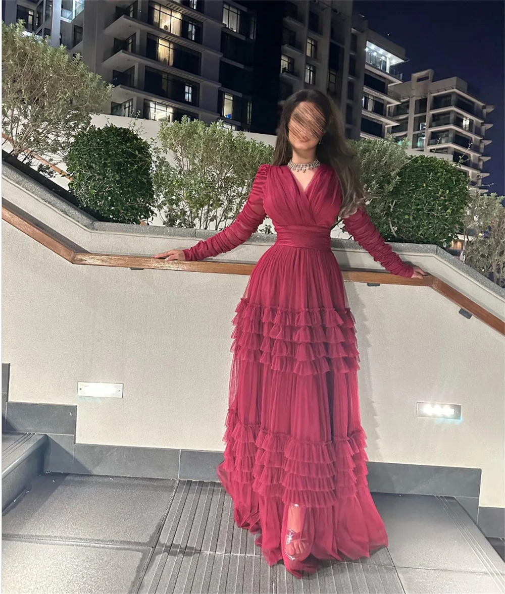 Cathy Red V-neck Tulle Prom Dresses A-line Long Sleeves فساتين السهرة Elegant Floor-length Tiered Ruffle Vestidos De Noche 2024