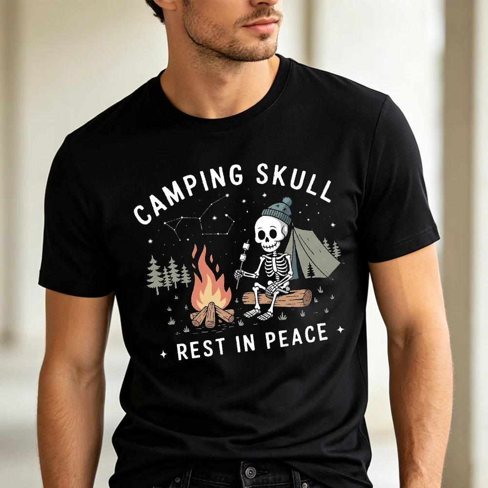 Camping Skull Rest In Peace Graphic Men T-shirt Campfire Outdoor Print Tee Adventure Nature Hiking Shirt