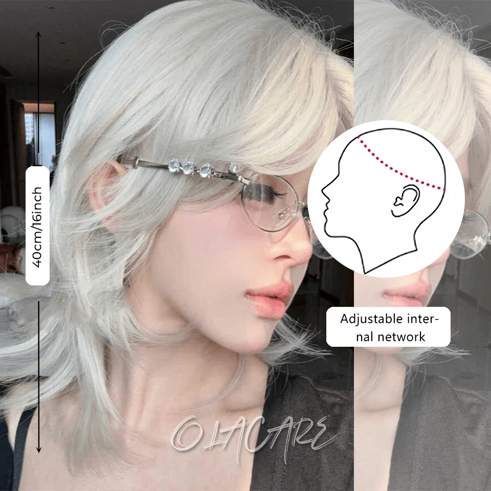 OLACARE Short Mullet Head Wigs with Bangs Synthetic Straight Anime For Women Black Gray White Hair Wig for Daily Party Cosplay