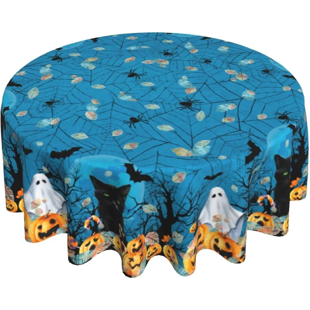 Halloween Round Tablecloth, Blue Spooky Ghost Pumpkins Black Cats Bats Spider Web Table Cloth 60Inch For Kitchen Dining