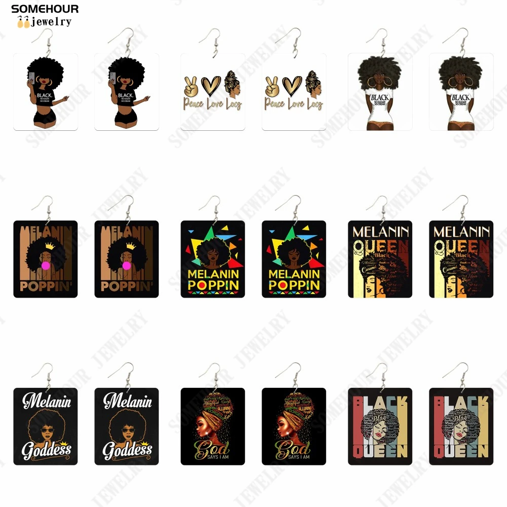 SOMEHOUR Melanin Goddess Hiphop Women Wooden Drop Earrings Black Queen Afro Curly Hair Print Locs Wood Pendant Dangle Jewelry