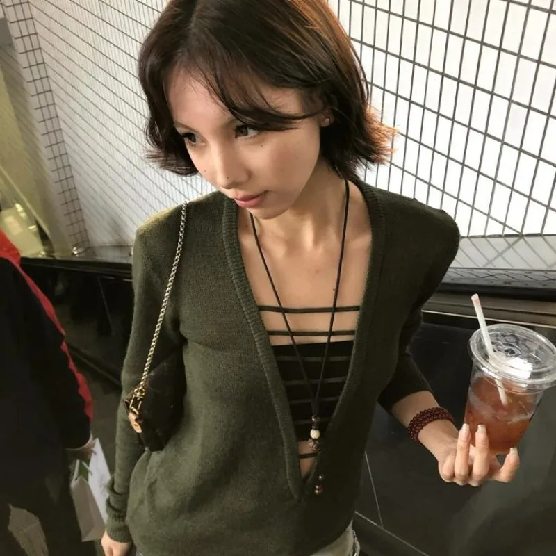 Deeptown Groene Vintage Hollow Out V-hals Vrouwen Truien Sexy Y2k Japanse Jaren 2000 Stijl Slanke Gebreide Truien Harajuku Gyaru