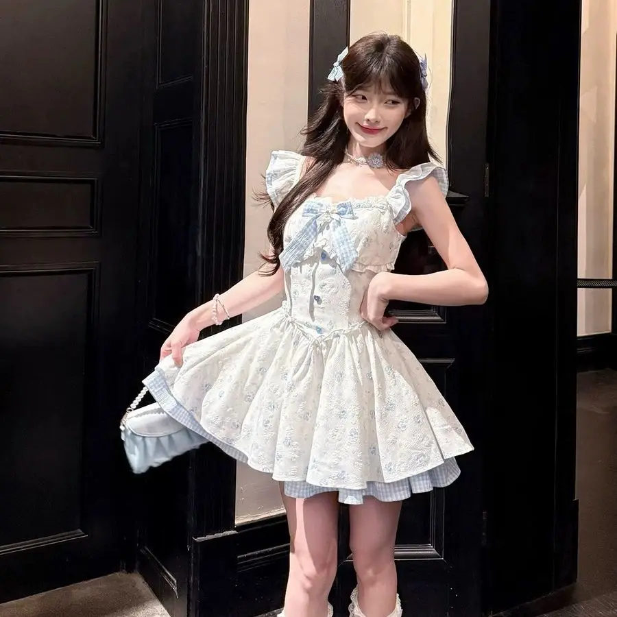 

SOIOMES Lolita bow-shaped short puff-sleeved dress with three-dimensional floral patterns, princess-style short skirt