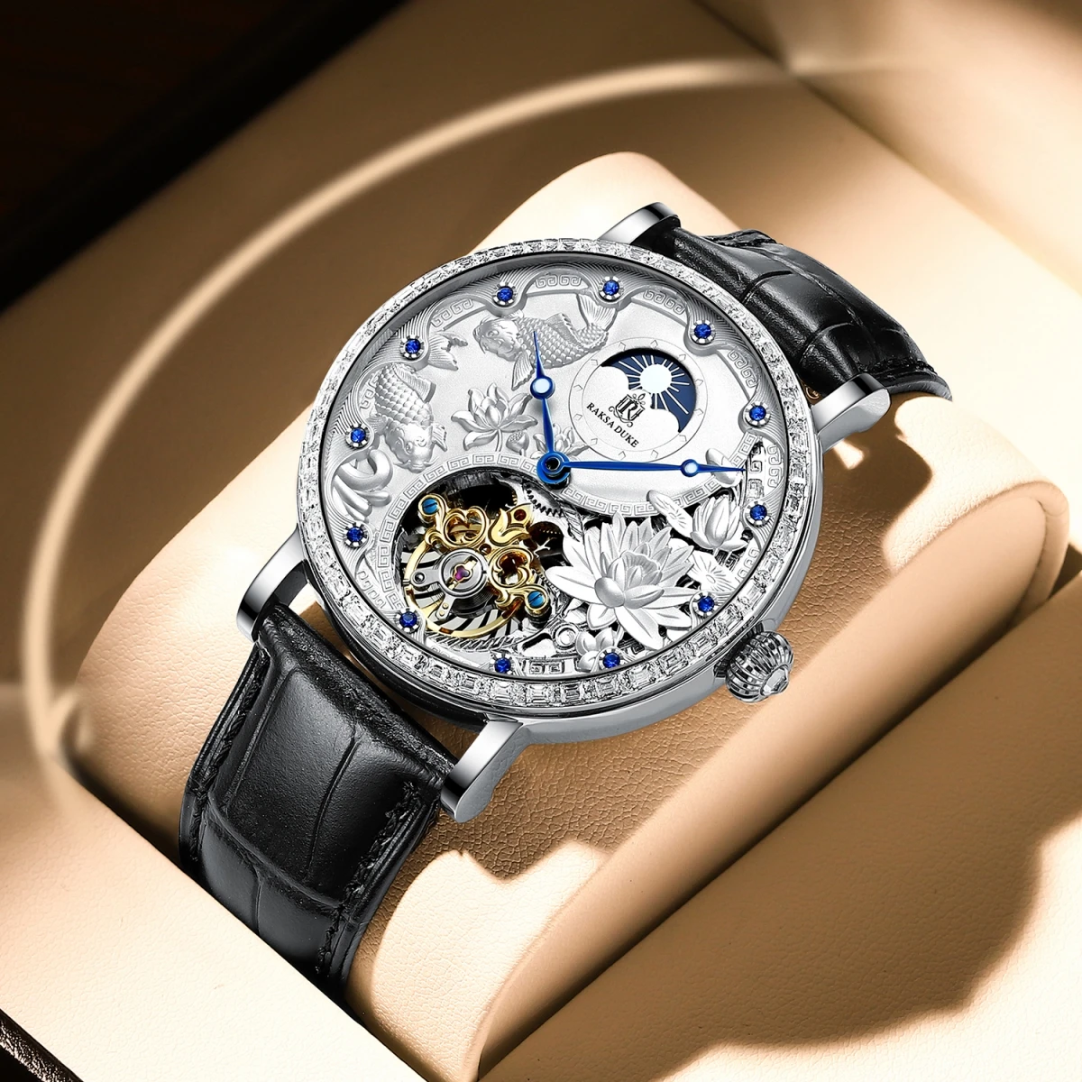 RAKSA DUKE Automatic Mechanical Watch for Men Luxury 3D Embossment Fish Skeleton Watch Moon Phase Men‘s Wristwatch’