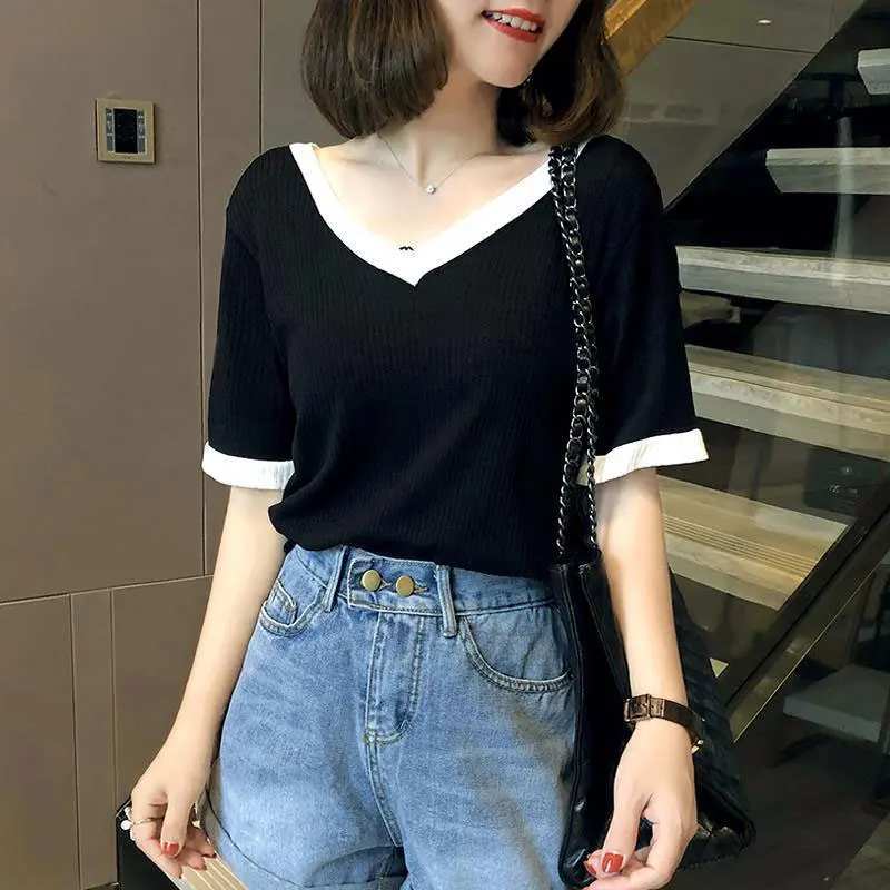 Women's V-neck Short Sleeve T-Shirt, Loose Tops, Casual Clothes, Elegant Temperament, Simplicity, Office Lady, Summer Fashion