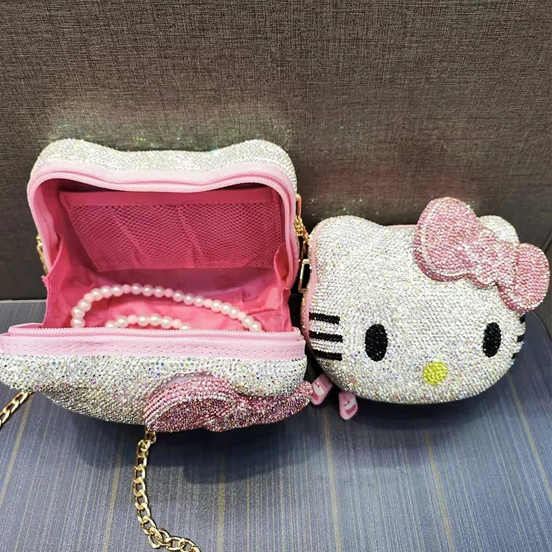 NEW Anime Hello Kitty Cartoon Shape Cartoon Full Of Diamonds Dinner Bag fashion Handmade Diamond-set Lady\'s Clutch Christmas Gif