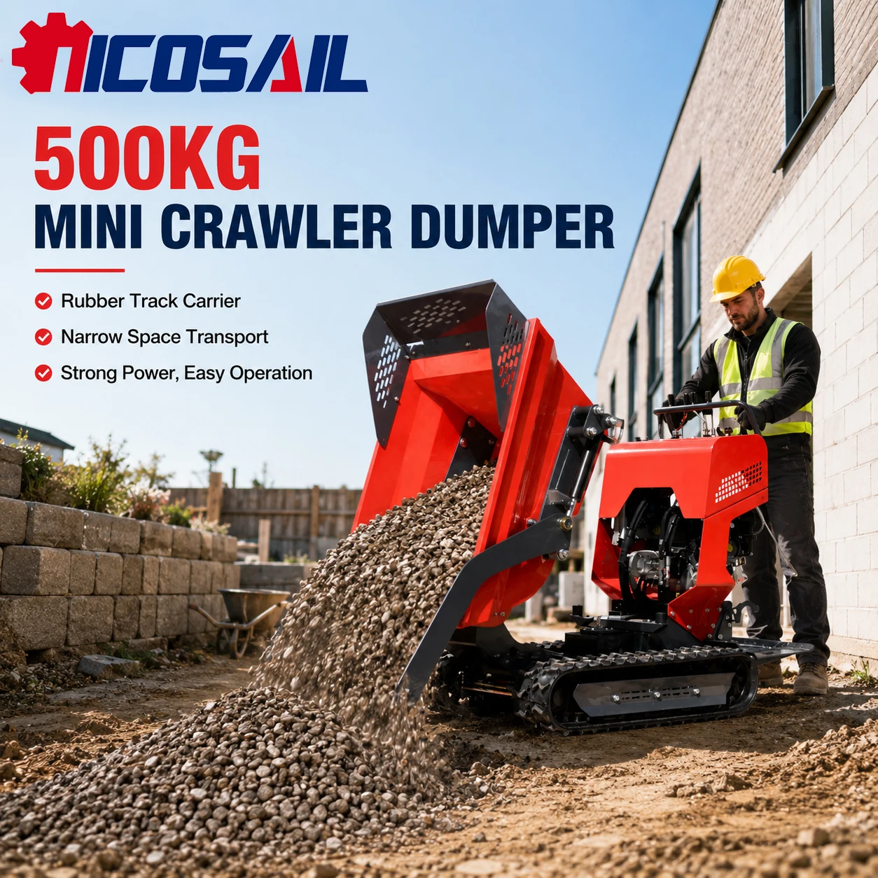 Mini-dumper sur chenilles en caoutchouc OEM personnalisé de 500 kg pour le transport de matériaux en entrepôt, sur chantier et dans les espaces étroits