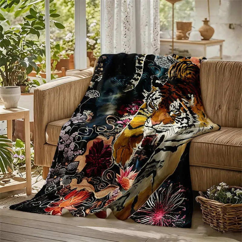 Tiger Floral Embroidery Art Flannel Blanket Perfect for Sofa Office Bed Travel Sleep Read Relax Camping Four Season Use