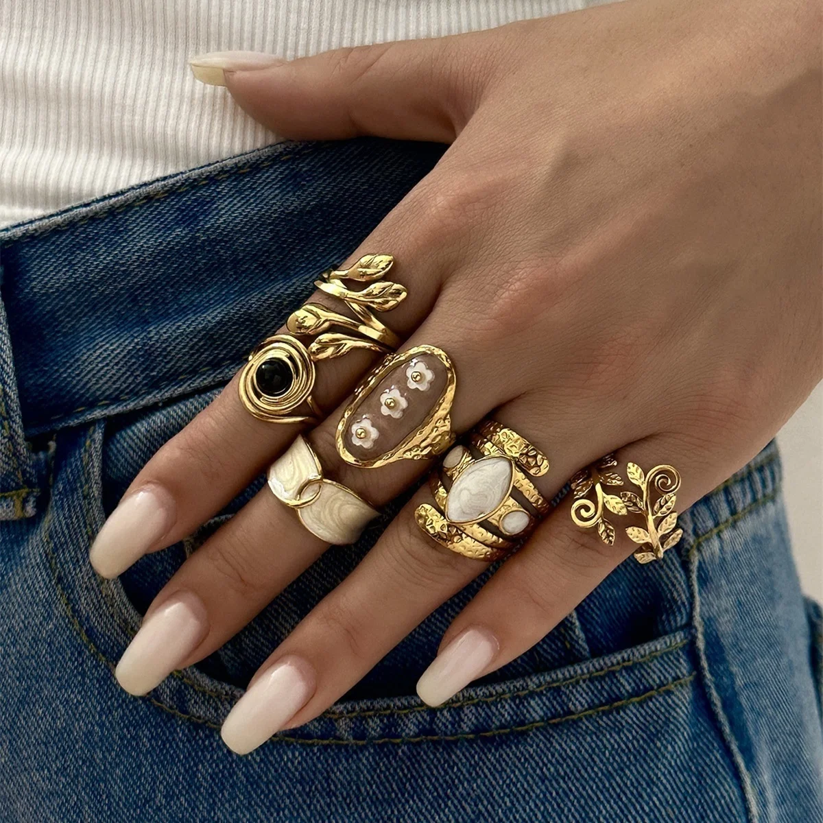 Vintage-Ringe mit Blumen-, Ranken- und Blattmotiven, spiralförmig gewickelt, mit Schlangenmuster, für Damen und Herren, aus Edelstahl, geometrische Ringe, Schmuck. – Detail 6