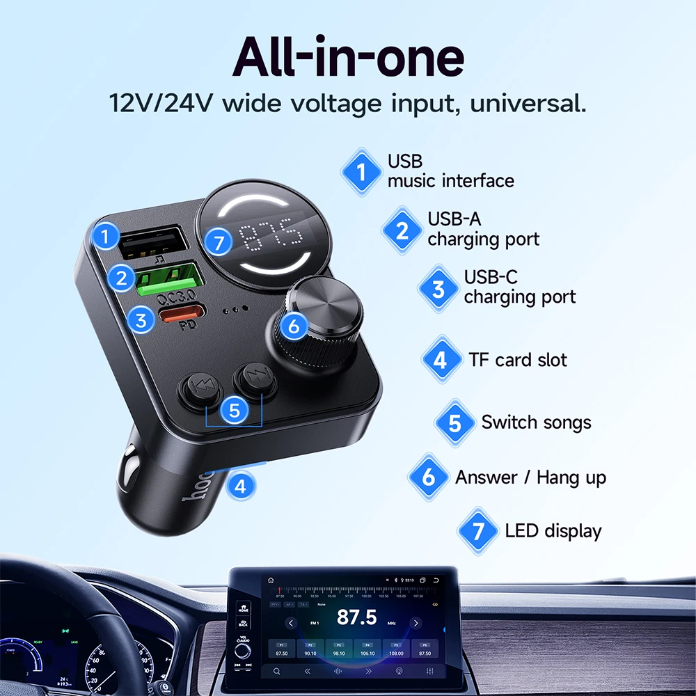 HOCO 48W Dwuportowy USB A QC3.0 Samochodowy nadajnik Bluetooth FM Bezprzewodowy adapter głośnomówiący w samochodzie do muzyki Audio Ładowarka PD30W USB C — zdjęcie produktu 4