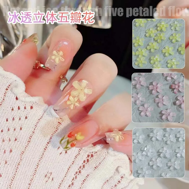 100PCS Hot sale ice transparent five petal flower nail jewelry decoration pearl transparent resin flower small flower nail acces