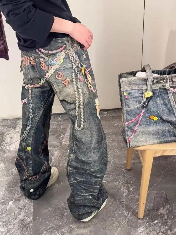 

Vintage Waed Chains Print Jeans Men's Loose Straight Leg Trousers Youth Trendy Casual Denim Pants Water Waed Distred