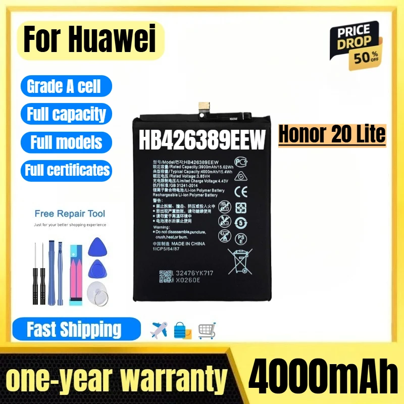

HB426389EEW for Huawei Honor 20 Lite Phone Battery 0 Cycle High Quality High Capacity Replacement Bateria Grade A Cell with Tool