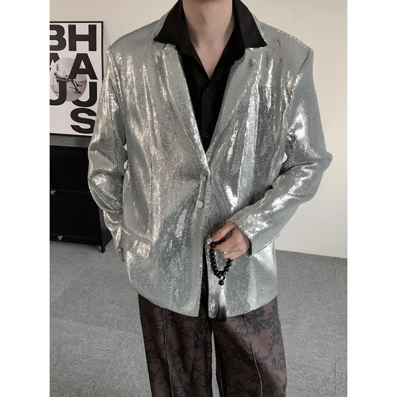 

Серебряный костюм с пайетками и богатой отделкой для ужина, ежегодного собрания, сценического выступления, мужской и женский, элитный, для модных показов