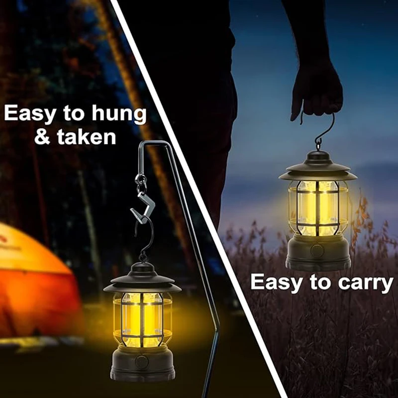 Retro Portable Camping Lanterns Rechargeable 3 Color Dimmable Tent Light Outdoor Waterproof Flashlight Emergency  For Fishing